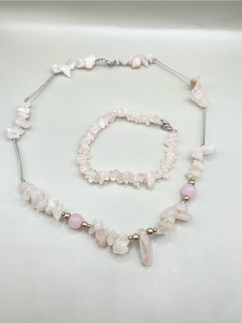Rose Quartz Necklace Bracelet Set